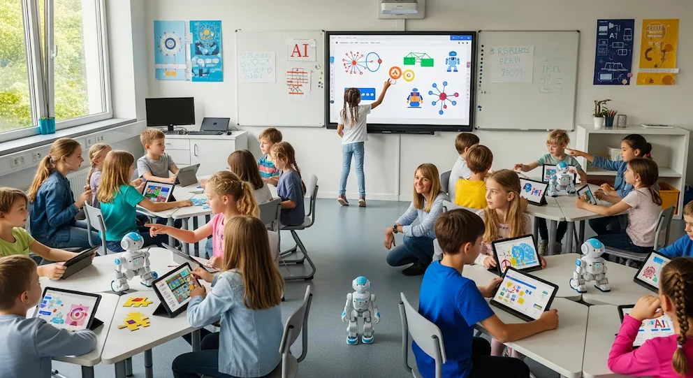 Dans une salle de classe lumineuse, des enfants et un professeur interagissent avec des tablettes et des robots. Une petite fille montre un diagramme sur un grand écran interactif.