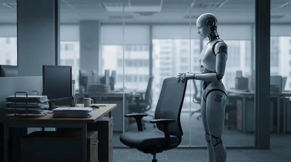 Un robot humanoïde de couleur claire et à l'apparence moderne est debout à côté d'une chaise de bureau noire vide dans un environnement de bureau avec des bureaux à l'arrière-plan.