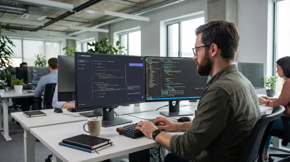 Ingénieur logiciel avec lunettes et barbe travaillant sur un bureau moderne avec deux moniteurs. Un écran affiche une interface d'IA, l'autre du code source.