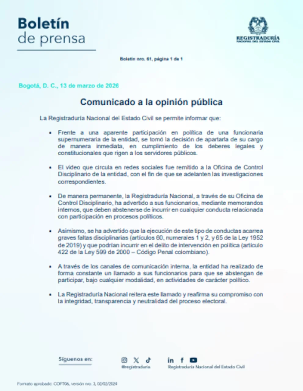 La Registraduría a expliqué que ces