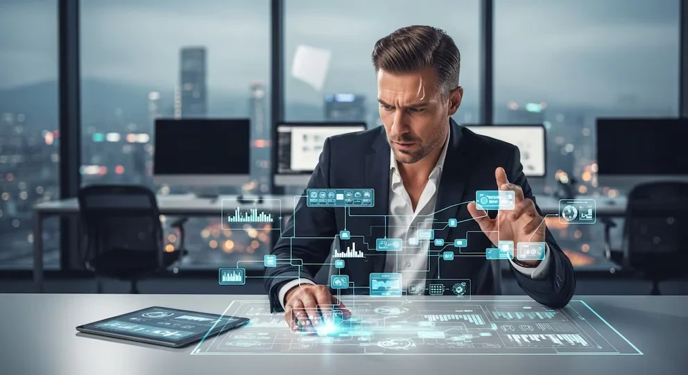 Un homme de 45 ans, vêtu d'un costume et d'une chemise blanche, interagit avec des interfaces technologiques holographiques bleues dans un bureau moderne avec vue sur la ville.