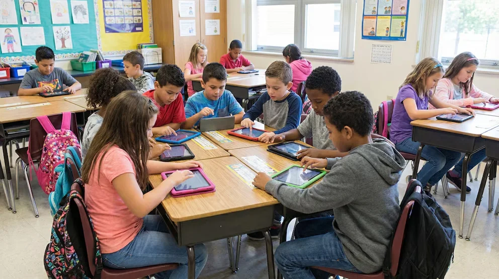 Des enfants d'école primaire dans une salle de classe, assis à des bureaux individuels et en groupe, utilisant des tablettes de différentes couleurs. Des sacs à dos visibles près des chaises.