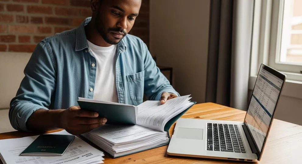 Un migrant examine des documents financiers et des factures sur une table, avec un passeport et un ordinateur portable affichant une feuille de calcul.