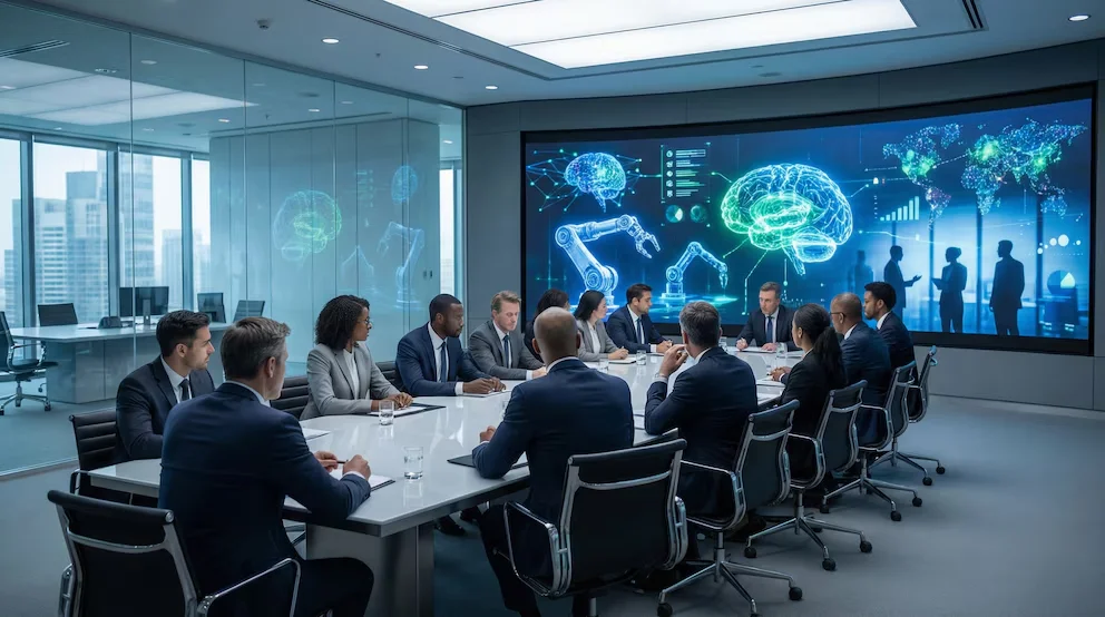 Groupe d'exécutifs dans une salle de réunion moderne. Un écran numérique montre des graphiques abstraits de cerveaux, de bras robotiques et une carte mondiale avec des données.