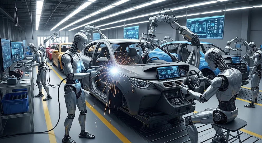 Multiple robots humanoïdes argentés opèrent dans une usine automobile, assemblant des véhicules gris, bleus et jaunes, avec des étincelles de soudure.