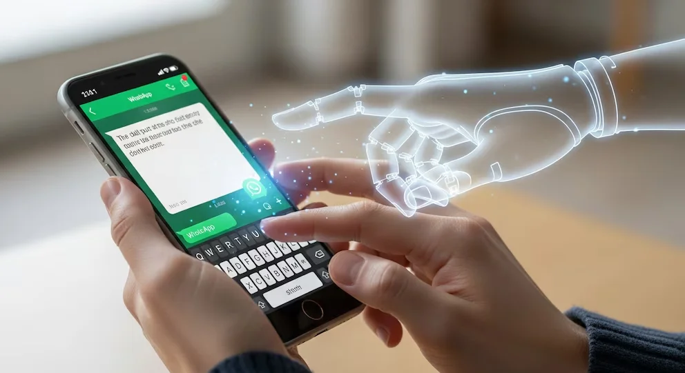 Des mains humaines tiennent un smartphone avec WhatsApp ouvert. Une main holographique d'IA pointe vers l'écran, avec un message partiellement rédigé visible.