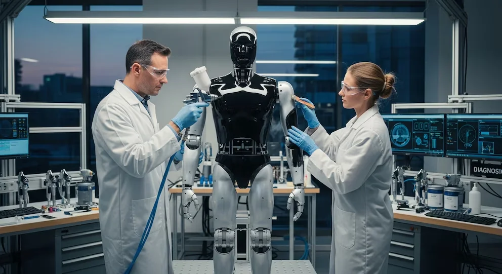 Deux ingénieurs en blouses blanches et lunettes de sécurité appliquent un revêtement sur un robot humanoïde noir et argenté dans un laboratoire avec des écrans et du matériel.