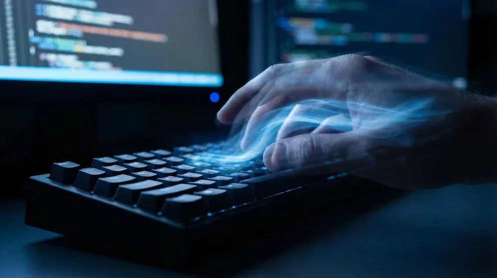 Gros plan d'une main avec un effet de mouvement bleu brillant sur un clavier sombre, avec un écran d'ordinateur affichant du code flou en arrière-plan.