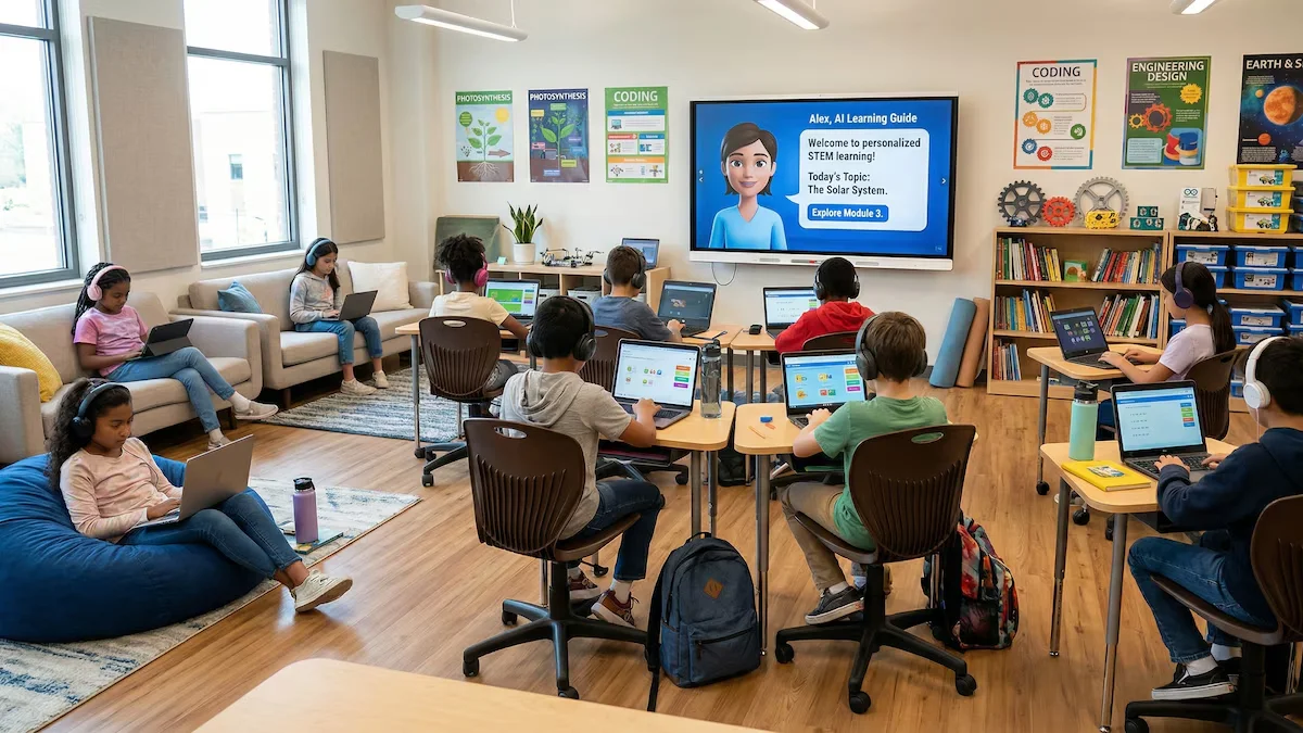 Une salle de classe moderne avec des étudiants de divers âges utilisant des ordinateurs portables et des écouteurs. Il y a un grand moniteur interactif et des posters éducatifs sur les murs