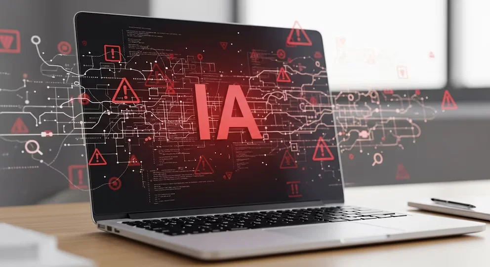Illustration réaliste d'un ordinateur portable sur un bureau avec « IA » en rouge à l'écran, accompagnée de code en désordre et de symboles d'avertissement.