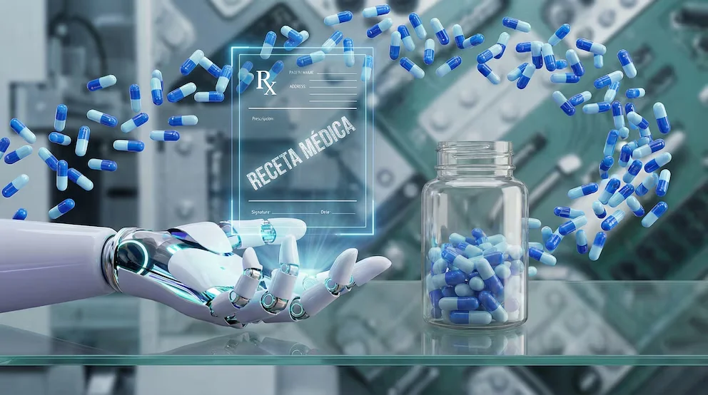 Main robotique tenant une prescription médicale digitale holographique, à côté d'un flacon de pilules bleues et ciel. De nombreuses capsules flottent dans l'air.