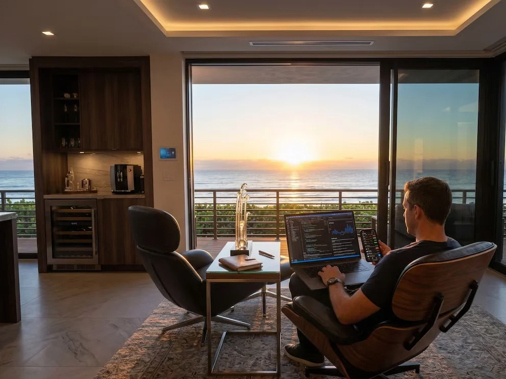 Homme dans un fauteuil en cuir travaillant sur un ordinateur portable et un téléphone devant une fenêtre avec vue sur l'océan au coucher de soleil. Table d'appoint et cafetière à l'intérieur