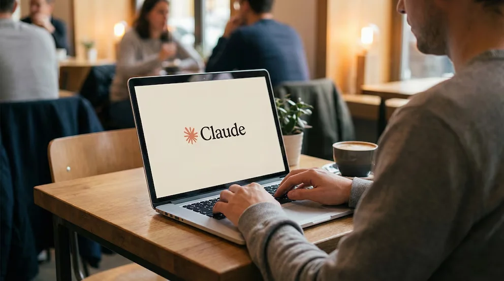Un homme dans un pull gris tape sur un ordinateur portable argenté avec le logo de Claude sur l'écran, assis à une table en bois dans un café.