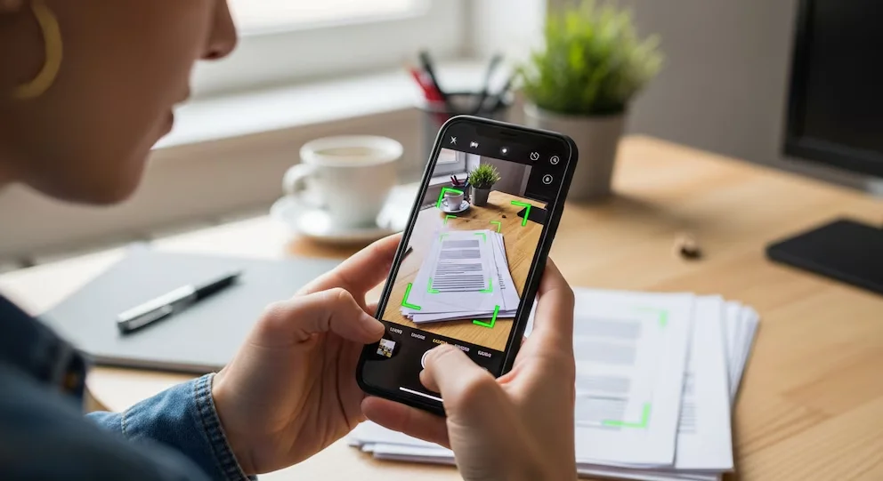 Premier plan d'une personne numérisant des documents avec un téléphone mobile. Ses mains tenant le téléphone, des papiers et un bureau en bois sont visibles.