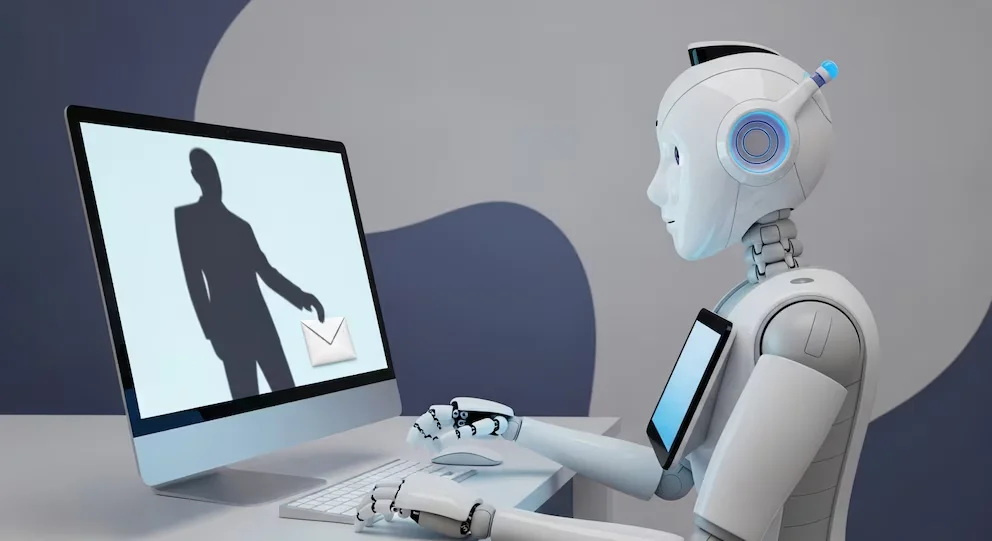 Un robot blanc avec des détails bleus assis devant un moniteur d'ordinateur, en train de taper. À l'écran, on voit la silhouette sombre d'une personne et une enveloppe de courrier.