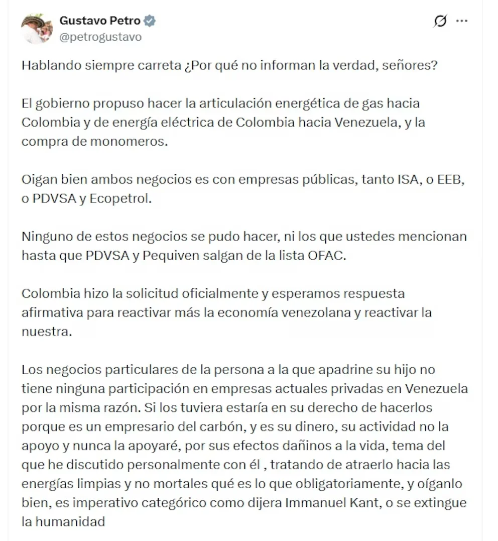 Gustavo Petro a accepté que le gouvernement a proposé de faire l'articulation énergétique du gaz vers la Colombie et de l'énergie électrique de la Colombie vers le Venezuela - crédit @PetroGustavo/X