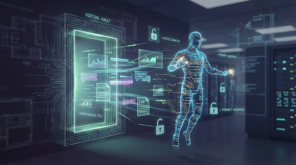 Une figure humanoïde translucide d'IA interagit avec un coffre-fort virtuel ouvert émettant des données, des fichiers et des graphiques. Des icônes de cadenas ouverts et le texte « PROMPT MODIFIED » flottent.