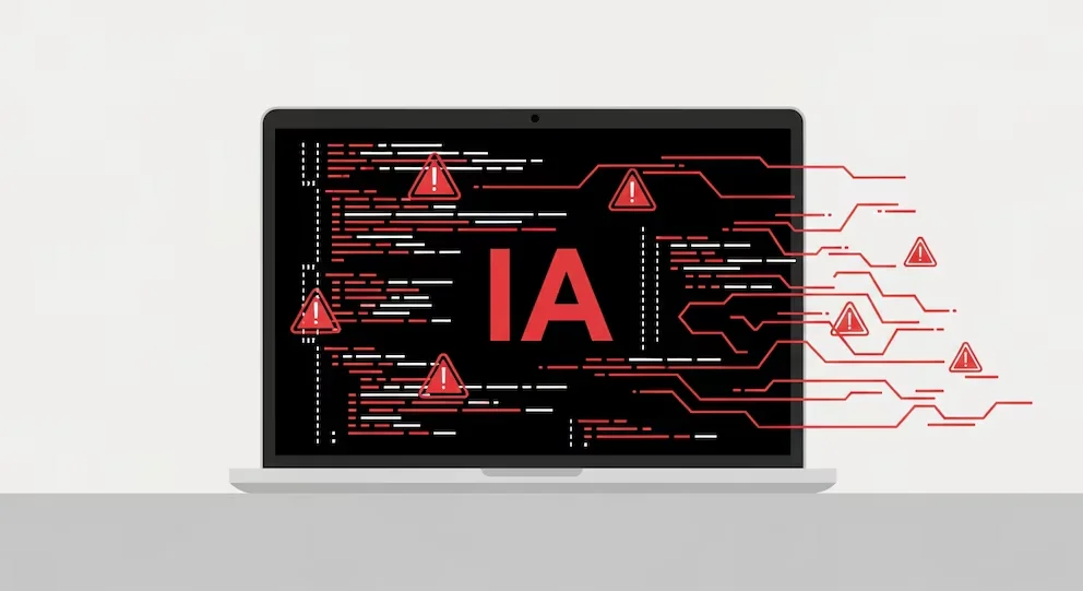 Illustration minimaliste : ordinateur portable avec écran noir affichant « IA » en rouge, code en désordre et triangles d'avertissement, avec des lignes rouges débordant du bord.