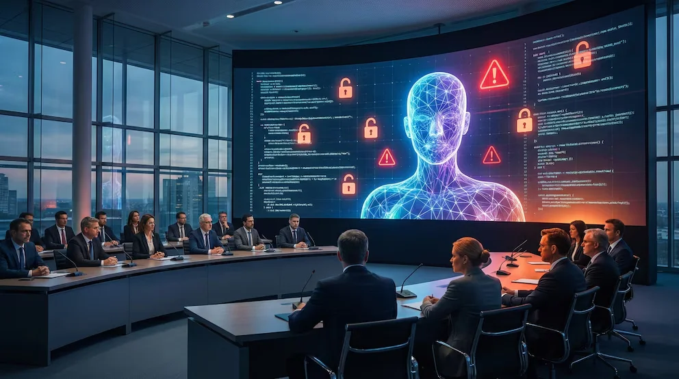 Vue d'une grande salle de conférence avec des exécutifs assis devant un écran incurvé affichant du code, des cadenas ouverts, des alertes triangulaires et une figure abstraite d'IA.
