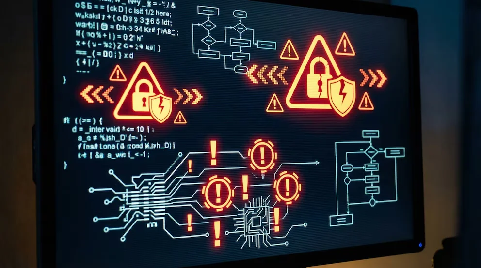 Gros plan sur un écran d'ordinateur noir affichant des lignes de code blanches, des diagrammes de flux et de multiples symboles d'avertissement et de cadenas rouges/oranges.