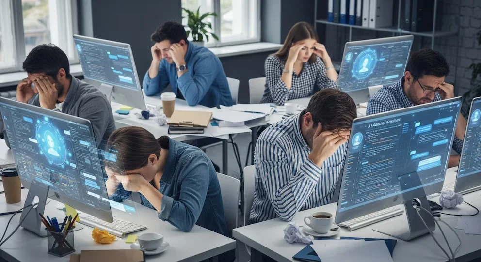 Six travailleurs dans un bureau, trois hommes et trois femmes, les mains sur le visage ou la tête, devant des écrans avec des interfaces d'IA.