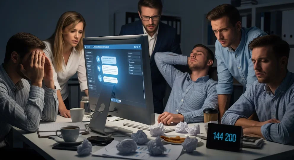 Six travailleurs stressés regardent un écran d'ordinateur avec un assistant d'IA, entourés de papiers froissés et de tasses de café dans un bureau sombre.