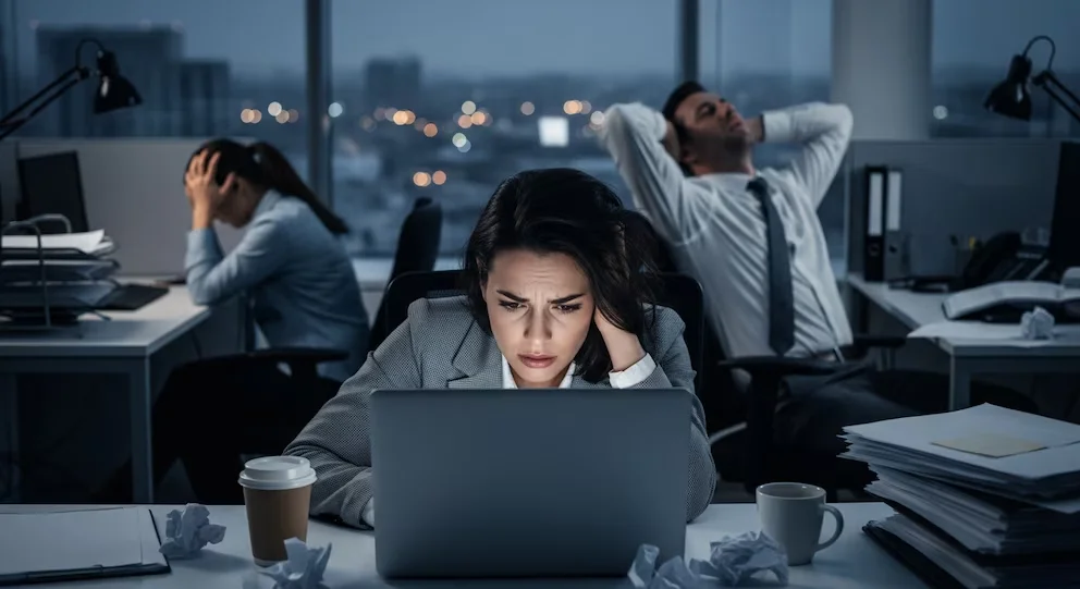 Trois personnes dans un bureau sombre travaillant tard ; une femme stressée regardant son ordinateur portable, une autre tenant sa tête entre ses mains et un homme penché, épuisé.