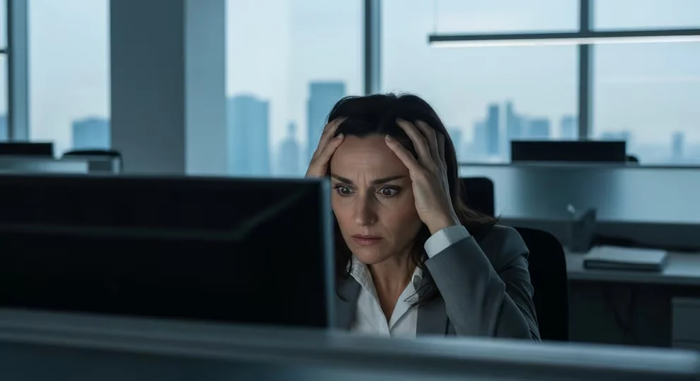 Une femme d'environ 45 ans, en veste grise, se tient la tête devant un écran sombre dans un bureau moderne avec de grandes fenêtres et un paysage urbain en arrière-plan.