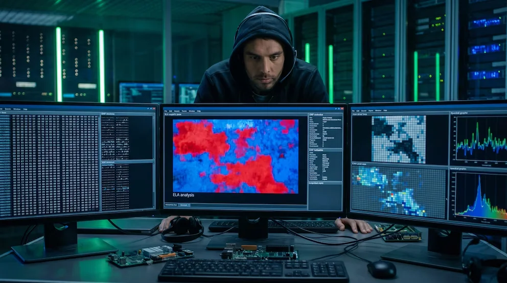 Homme avec une capuche et des écouteurs regardant trois moniteurs dans un laboratoire sombre. Les écrans montrent une analyse ELA avec des zones rouges et bleues, des données hexadécimales et des graphiques.