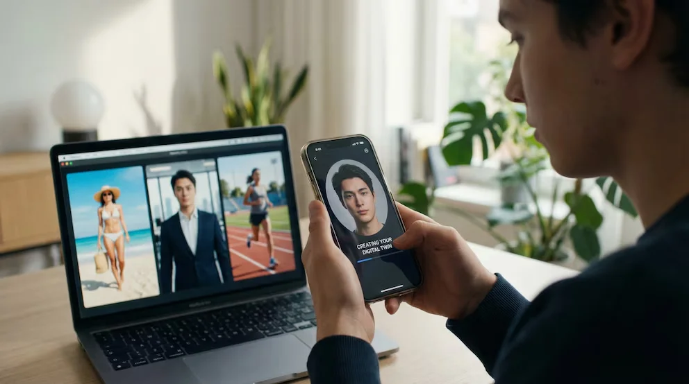 Gros plan d'un jeune tenant un smartphone montrant un avatar numérique ; en arrière-plan, un ordinateur portable affiche le même avatar dans différentes situations.