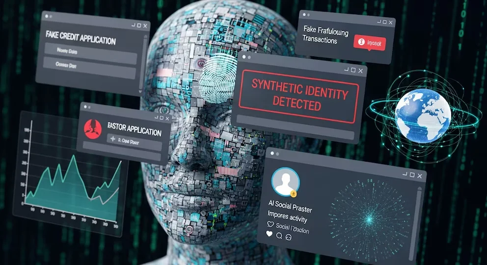 Tête robotique de circuits avec empreinte digitale lumineuse. Des fenêtres numériques flottantes alertent 'Identité Synthétique Détectée', fraude, applications falsifiées et affichent un globe.