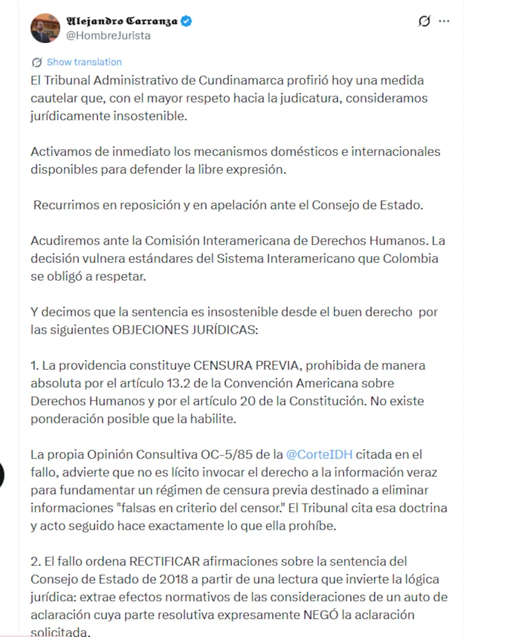 La défense a présenté des recours de réexamen et d'appel auprès du Conseil d'État pour contester la décision du tribunal - crédit @HombreJurista/X