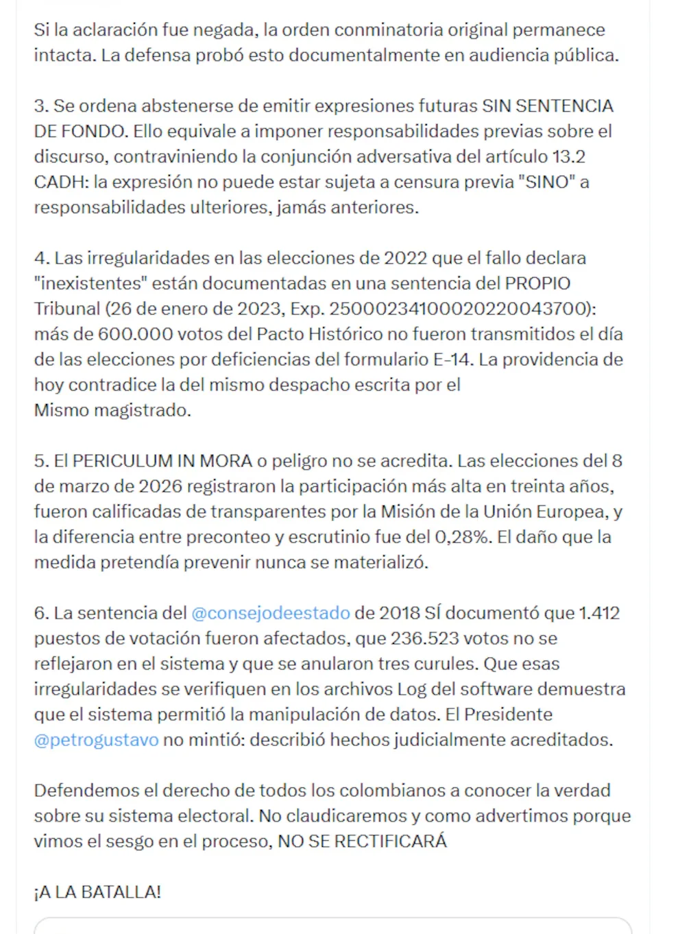 L'avocat a affirmé que l'ordre judiciaire constitue une censure préalable, interdite par la Constitution et la Convention américaine sur les droits de l'homme - crédit @HombreJurista/X