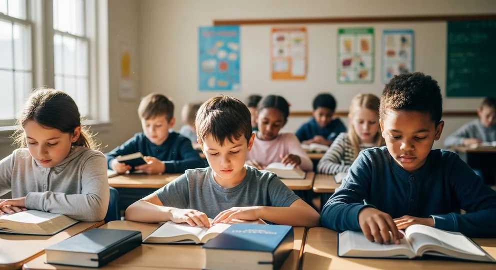 Vue de face de plusieurs enfants assis à des bureaux, concentrés sur la lecture de Bibles et d'autres livres dans une salle de classe éclairée par la lumière naturelle.