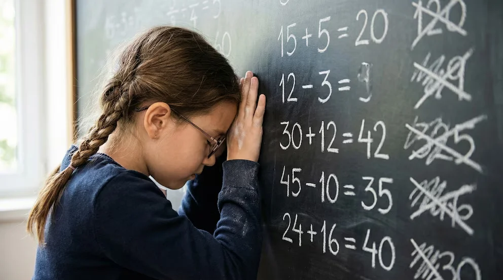 Gros plan sur une petite fille avec des tresses et des lunettes, la tête appuyée sur un tableau noir affichant des opérations d'addition et de soustraction en craie blanche.
