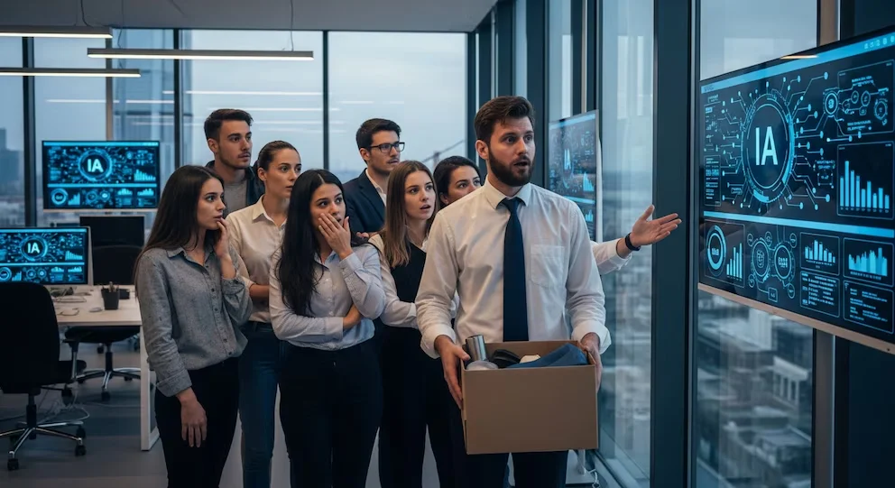 Un groupe de sept jeunes employés dans un bureau moderne regarde un grand écran avec des graphiques d'IA ; un homme à l'avant tient une boîte avec des affaires.