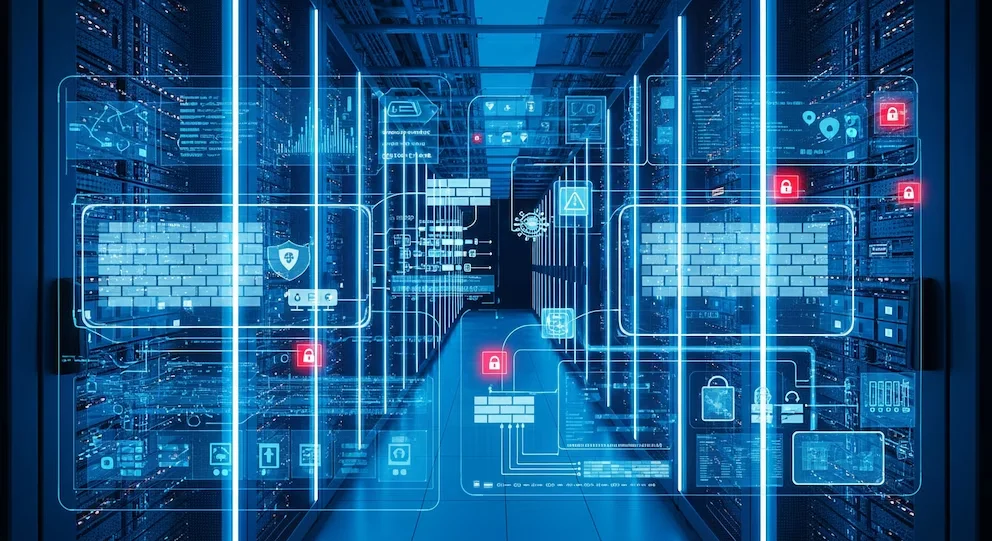 Un couloir dans un centre de données avec des rangées de serveurs illuminés en bleu. Des graphiques numériques superposés affichent des données, des schémas et des cadenas rouges.