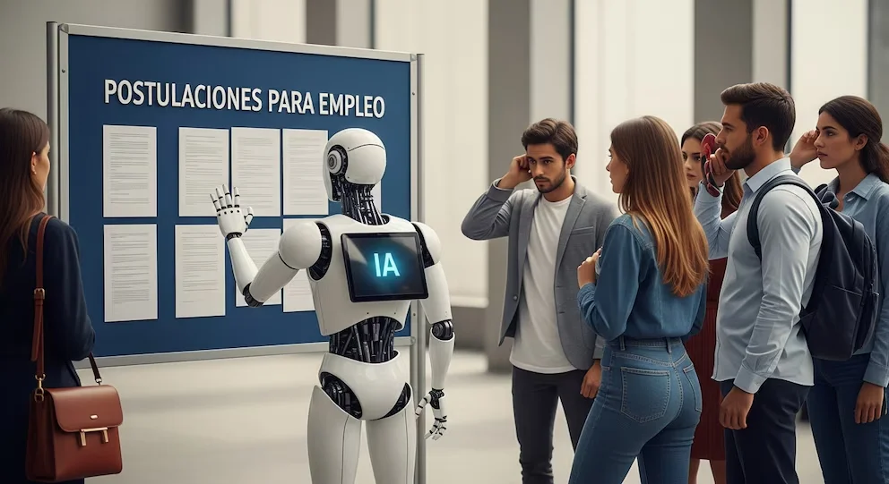 Un robot blanc avec un écran montrant 'IA' sur son torse bloque un tableau bleu de 'CANDIDATURES POUR EMPLOI' tandis que des jeunes l'observent.