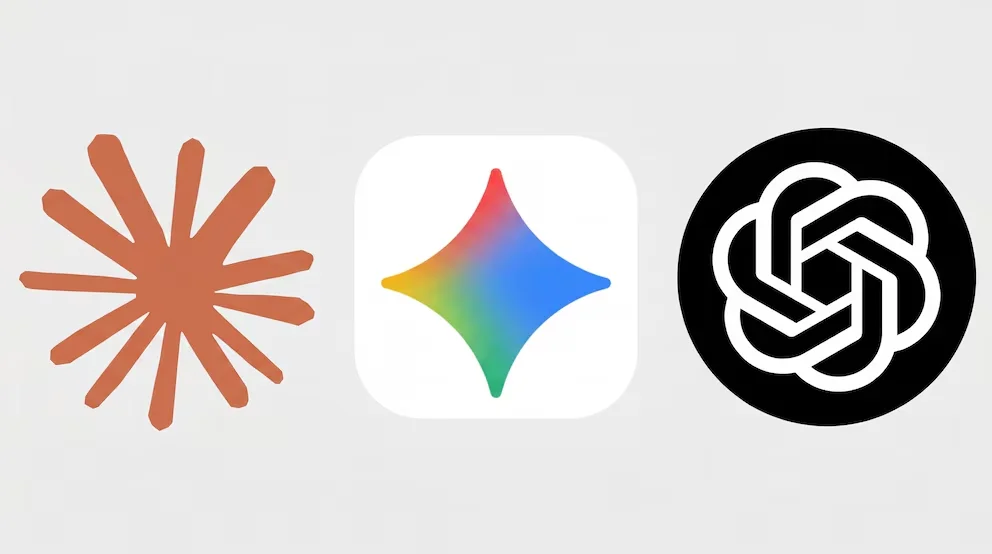Une image montre les logos de Claude (beige clair), Gemini (étoile multicolore) et ChatGPT (boucle noire et blanche) sur un fond gris clair.
