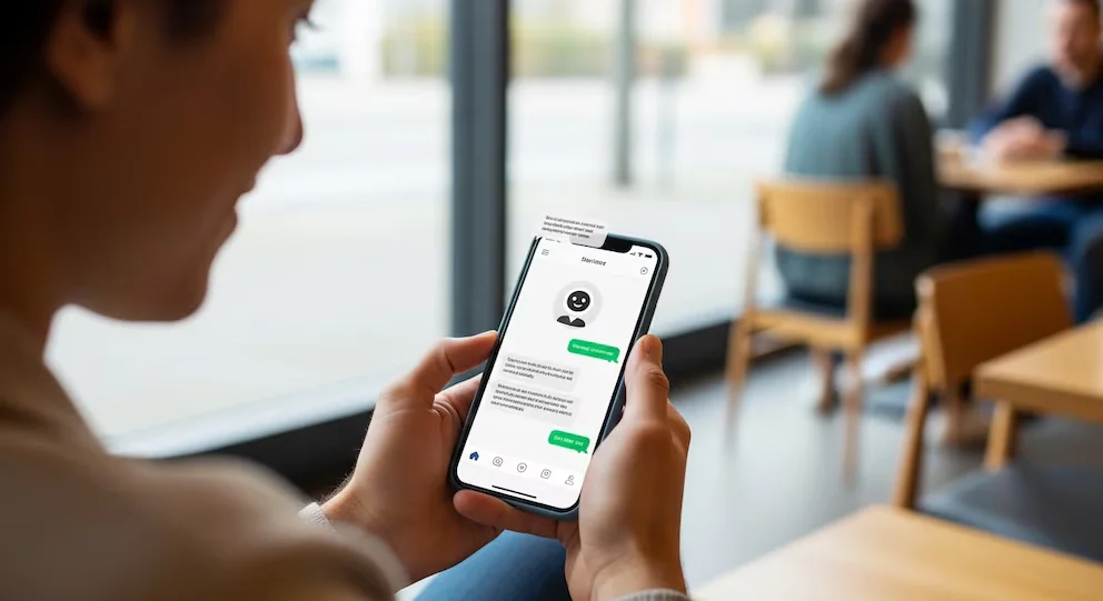 Une personne tient un smartphone présentant une application de chatbot ouverte avec des bulles de conversation et un avatar. En arrière-plan, un espace intérieur avec des personnes et des tables.