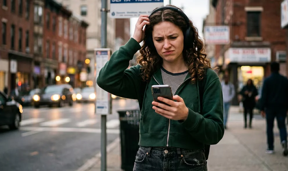 Jeune femme aux cheveux bouclés, portant un sweat-shirt vert et des écouteurs, tenant un téléphone mobile avec une expression de confusion dans une rue urbaine avec des bâtiments en briques et des véhicules en arrière-plan