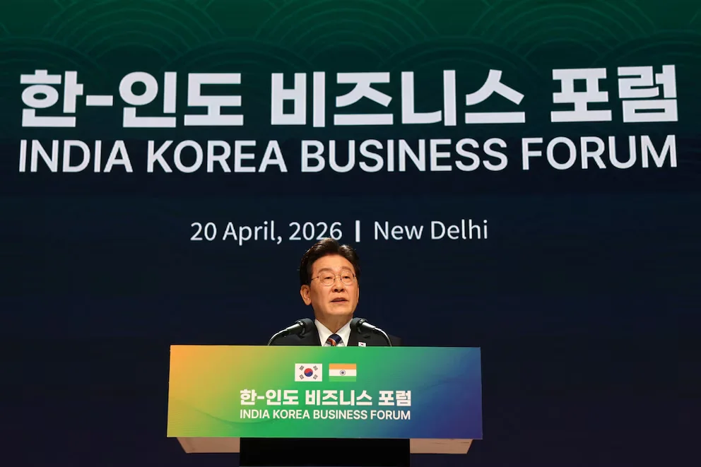 Le président sud-coréen Lee Jae Myung intervient lors du Forum des affaires Inde-Corée à Bharat Mandapam, New Delhi, Inde, le 20 avril 2026. REUTERS/Bhawika Chhabra