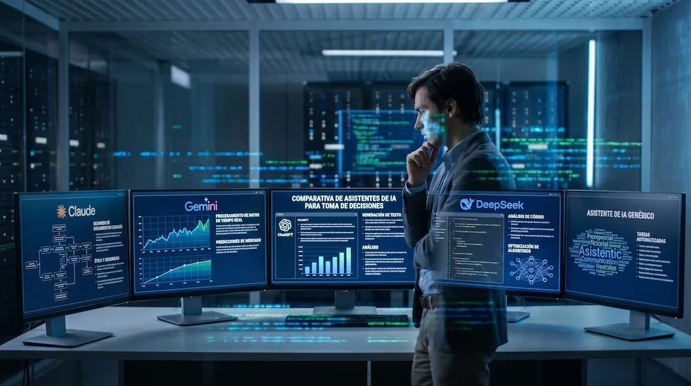 Un homme de profil analyse cinq moniteurs dans un bureau technologique; chaque écran montre des interfaces de différents assistants IA avec des graphiques et du texte.