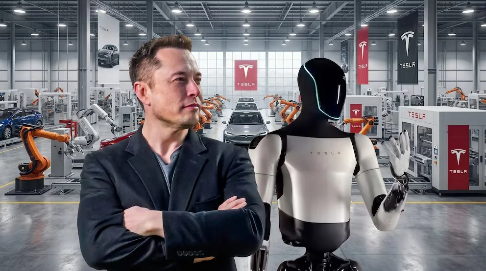 Elon Musk, en costume sombre et bras croisés, aux côtés du robot Optimus dans une usine Tesla ; des véhicules et des bras robotiques sont visibles à l'arrière-plan.