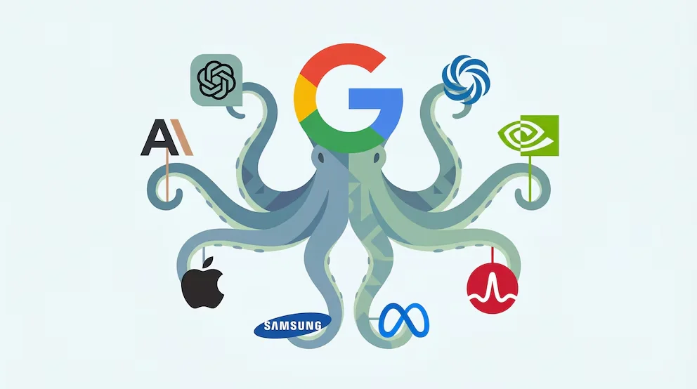 Illustration d'un poulpe bleu avec le logo multicolore de Google comme tête, tenant des logos d'OpenAI, Anthropic, Apple, Samsung, Meta, Nvidia, Intel et Broadcom.