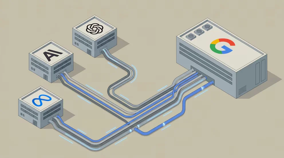 Illustration isométrique de quatre centres de données. Trois (OpenAI, Anthropic, Meta) sont connectés par des câbles bleus lumineux à un grand bâtiment Google.
