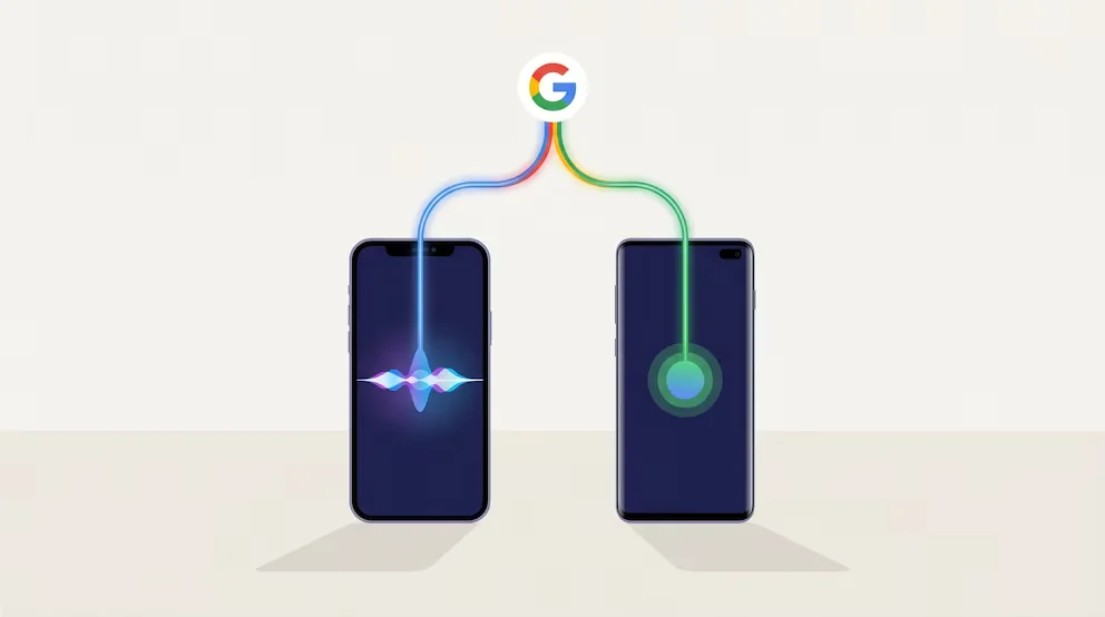 Illustration éditoriale de deux smartphones, un iPhone avec l'interface Siri et un Samsung Galaxy avec un assistant vocal, avec des lignes lumineuses qui se rejoignent dans le logo de Google.