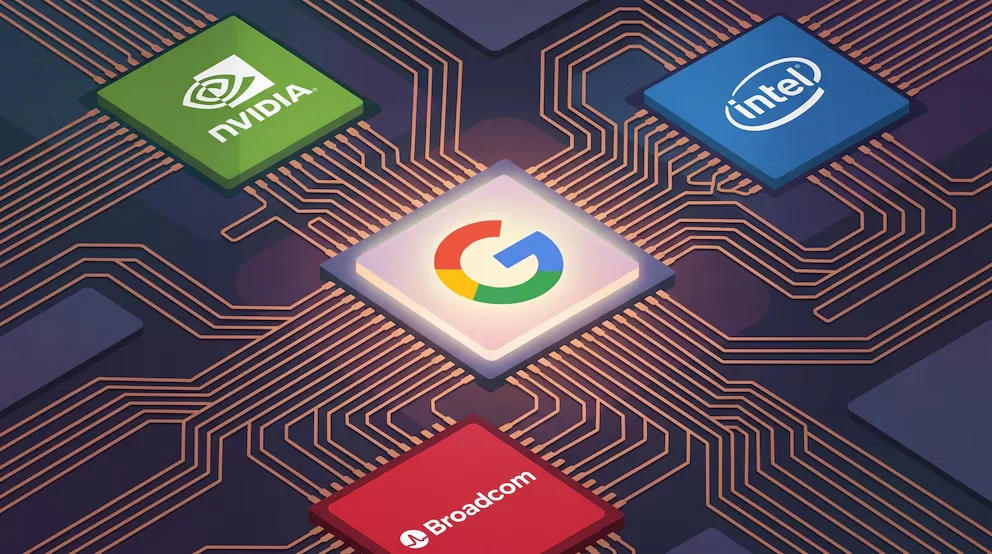 Illustration de circuit imprimé avec une puce centrale Google brillante. Puces Nvidia, Intel et Broadcom périphériques, connectées par des traces de cuivre.