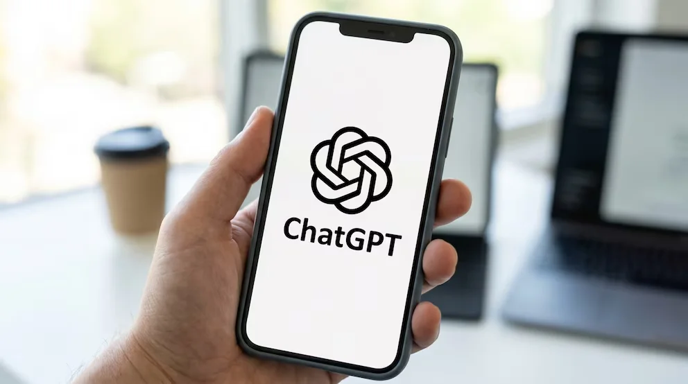 Une main tient un téléphone intelligent affichant le logo de ChatGPT et son nom sur un écran blanc, avec un arrière-plan flou.