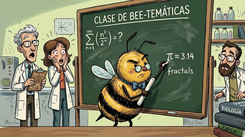Caricature d'une abeille avec des lunettes et un nœud papillon écrivant des équations mathématiques sur un tableau, tandis que trois scientifiques surpris l'observent.